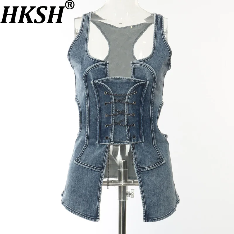 

Женский трендовый сексуальный топ HKSH из эластичного денима с вырезами и бандажными элементами, облегающий, премиум-класса, в стиле Y2K ретро, новинка лета 2026 HK19441