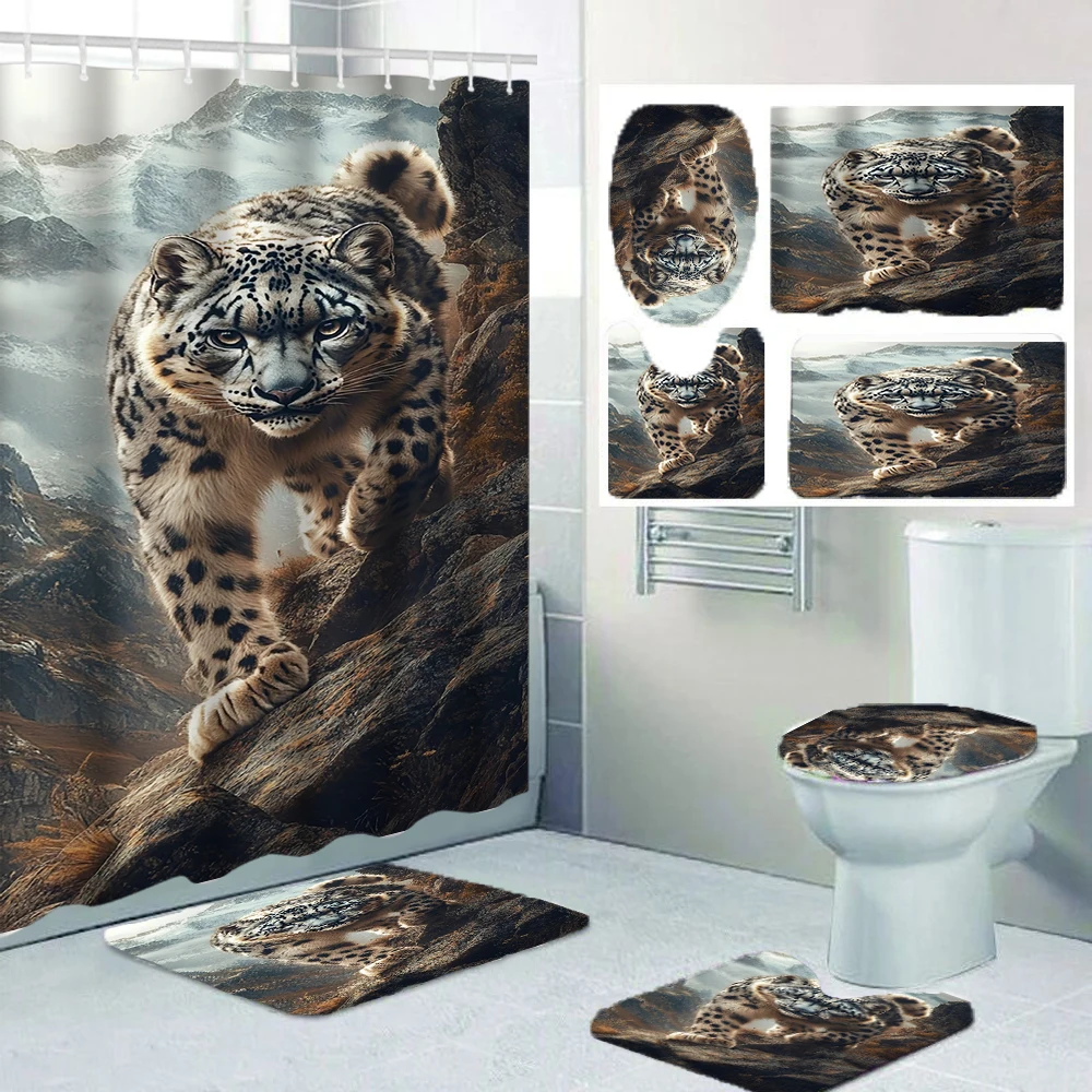 4/1 Leoparden-Duschvorhang-Set, Toilettensitz-Dekoration, Duschvorhang mit Teppich und Toilettendeckel, Größe 70,8 x 70,8 Zoll
