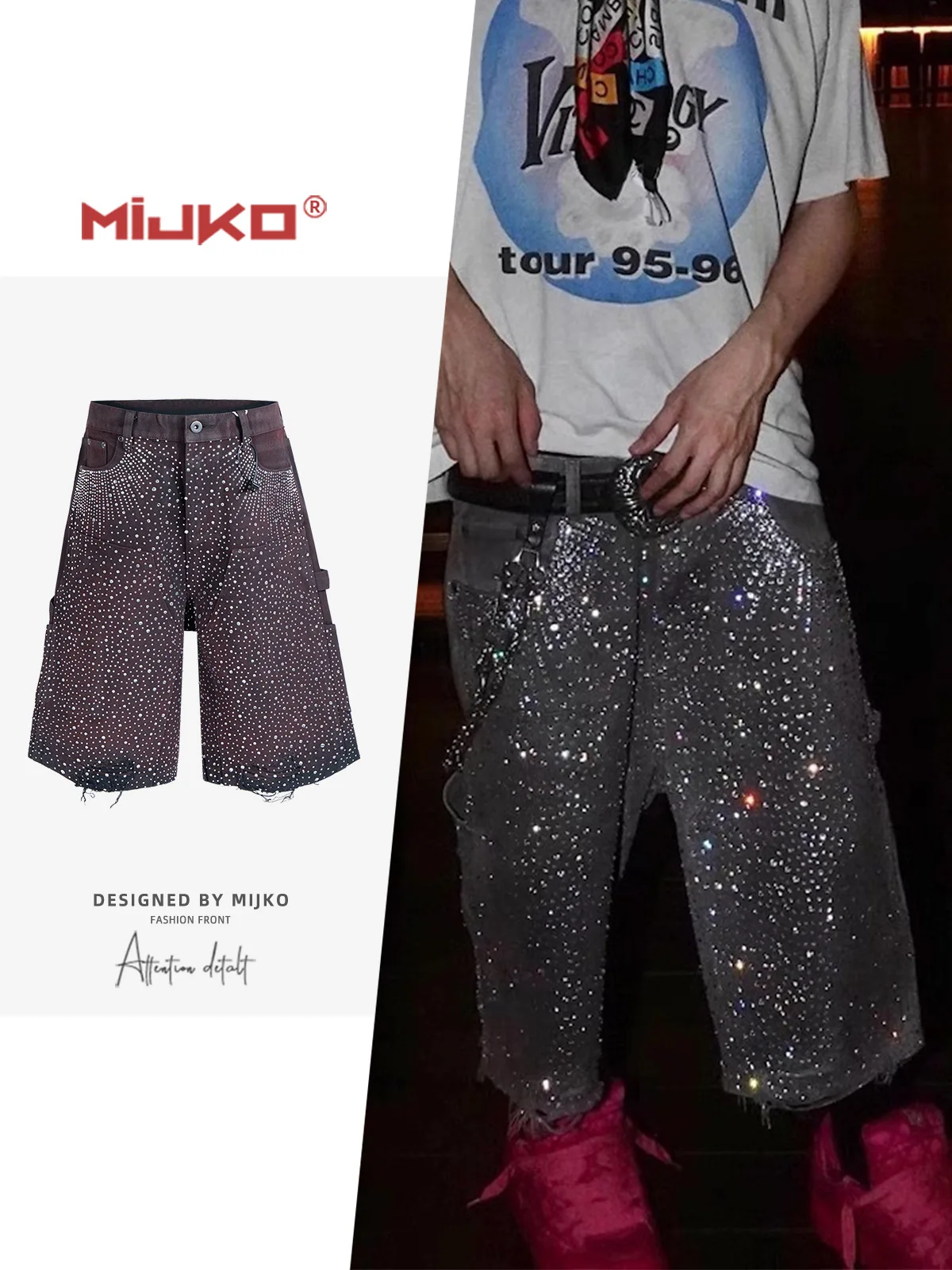 MIJKO Laser Full Diamond Seven Eighths Denim Shorts ZJ135