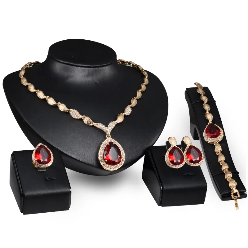 Exaggerated Personality Fashion Africa Jewelry Set Waterdrop Gemstone Alloy Gold Plated Earring Bridal Banquet Jewelry Gifts