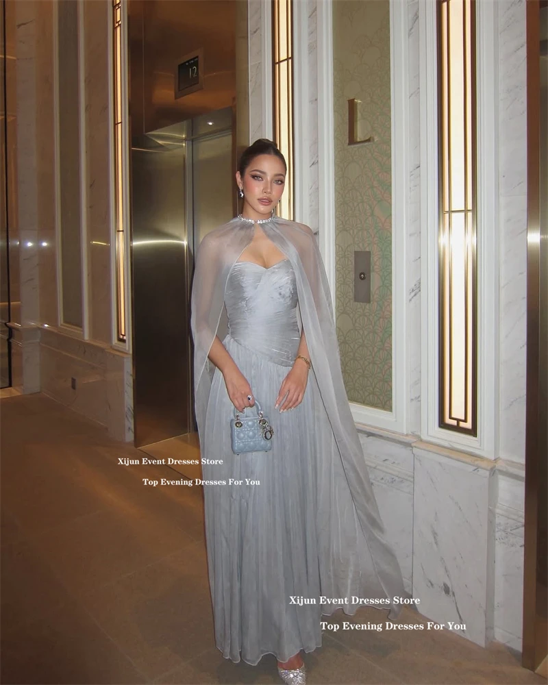 Xijun 우아한 쉬폰 롱 이브닝 드레스 스윗하트 A라인 케이프 프롬 드레스 플리츠 사우디아라비아 정장 프롬 가운 맞춤 제작