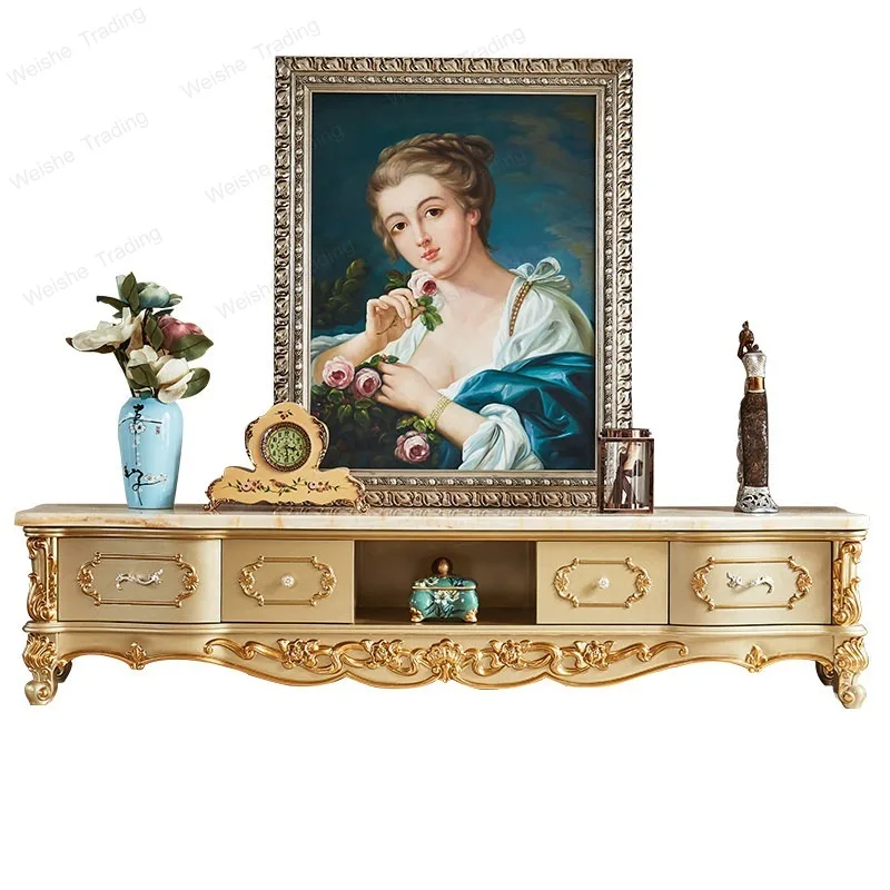 

European marble TV cabinet set champagne gold all solid wood living room small apartment bedroom floor cabinet