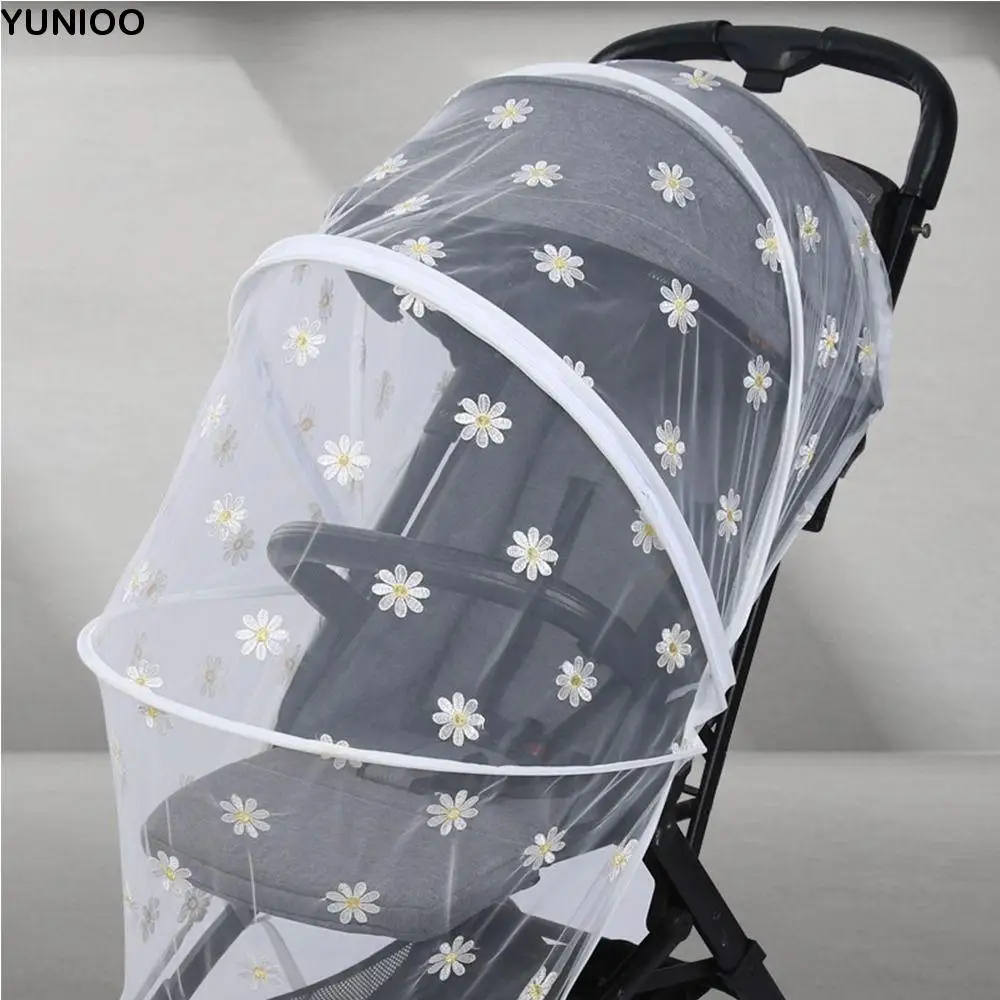 

Flower Daisy Stroller Mosquito Net Carriage Full Cover Baby Stroller Accessories Zipper Type Mosquito Net Summer Mesh Canopy