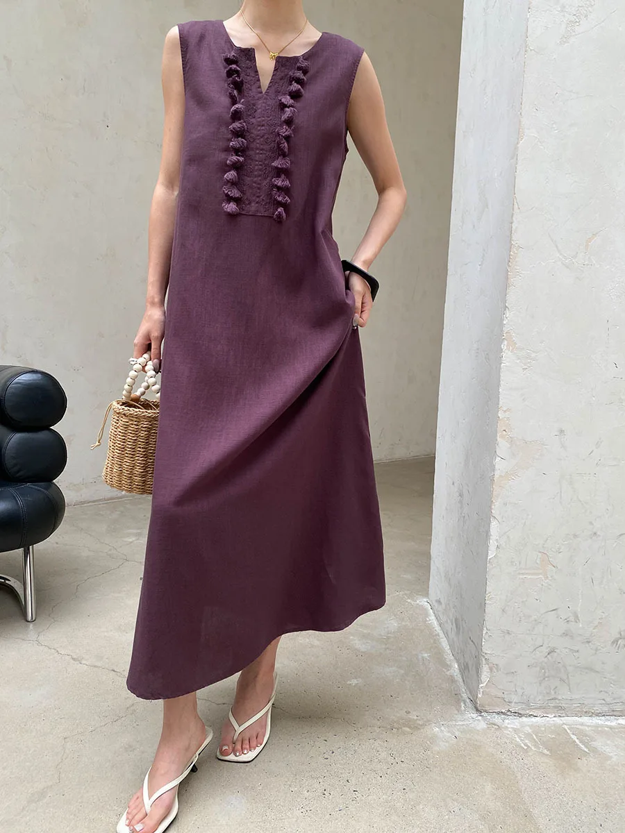 Sommerliches, lässiges, einfarbiges, ärmelloses Westenkleid für Damen mit V-Ausschnitt, Stickerei und Quasten – Detail 16