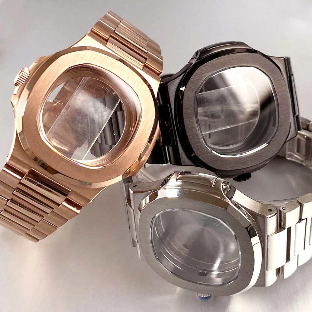 

40mm Rose Gold/Black PVD/Silver 316L Sandblasted Square Watch Case Sapphire 10ATM Solid/Glass Back Fit NH35 NH36 NH38 NH70