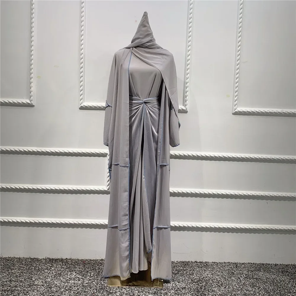 Women Solid Color Abaya Islamic Ramadan Dubai Kaftan Muslim Hijab Dress Arabic Open Kimono+Dress+Wrap Turkey Middle East Clothes