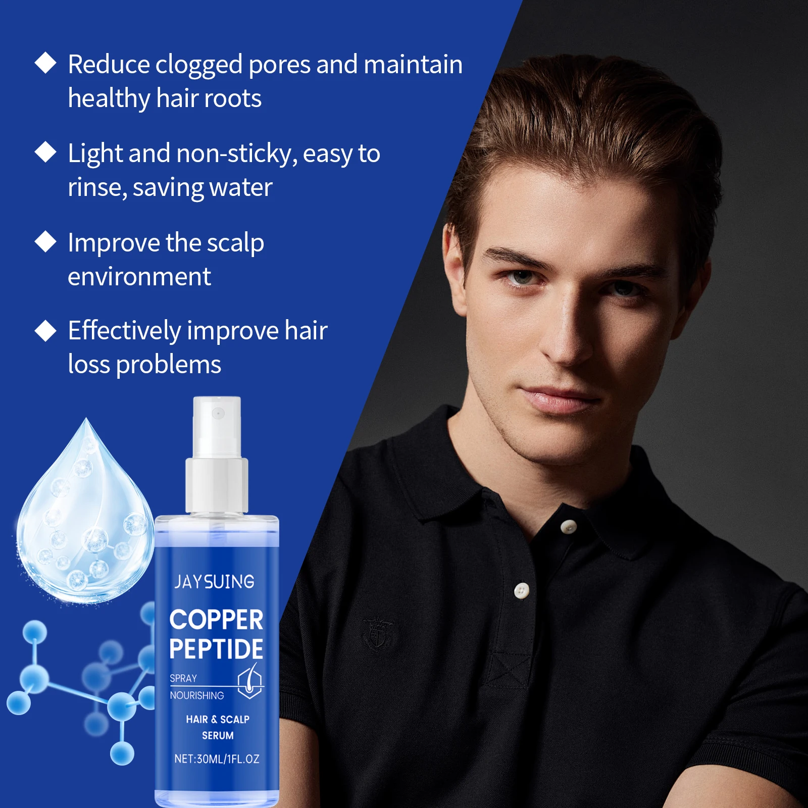 Shampoo com peptídeo de cobre, soro para crescimento capilar, spray nutritivo para couro cabeludo, óleo essencial anti-perda de cabelo, fortalece as raízes, conjunto de cuidados com o cabelo denso