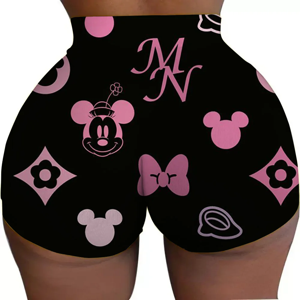 女性用 ジム ランニング バイカー ヨガ ショーツ ミッキー マウス ミニー ピンク パターン ハイウエスト ショーツ ジム バイカー ランニング パンツ タイツ