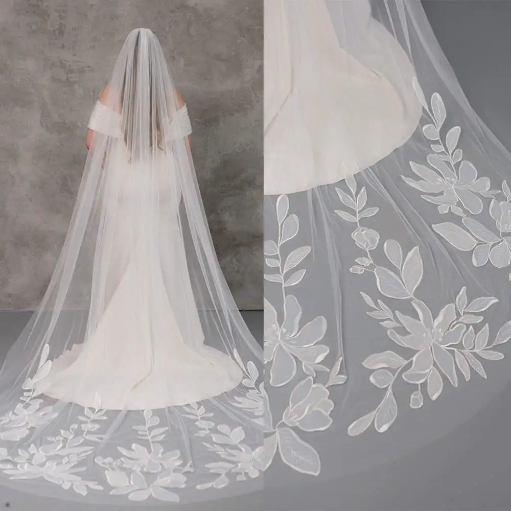 

Elegant Bridal Veils Women One-Layer Appliques Lace Edge Chapel Veil Bride Complementos De BodaVelo De Novia Customized