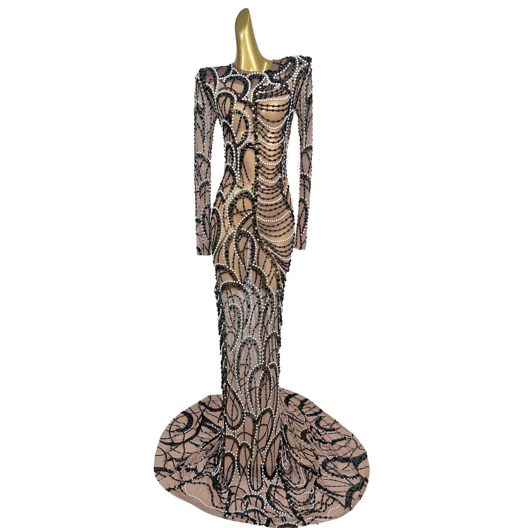 

Yueshi Luxury women pearl evening gown sexy perspective mesh black rhinestone trailing dress wedding banquet birthday Prom Gowns