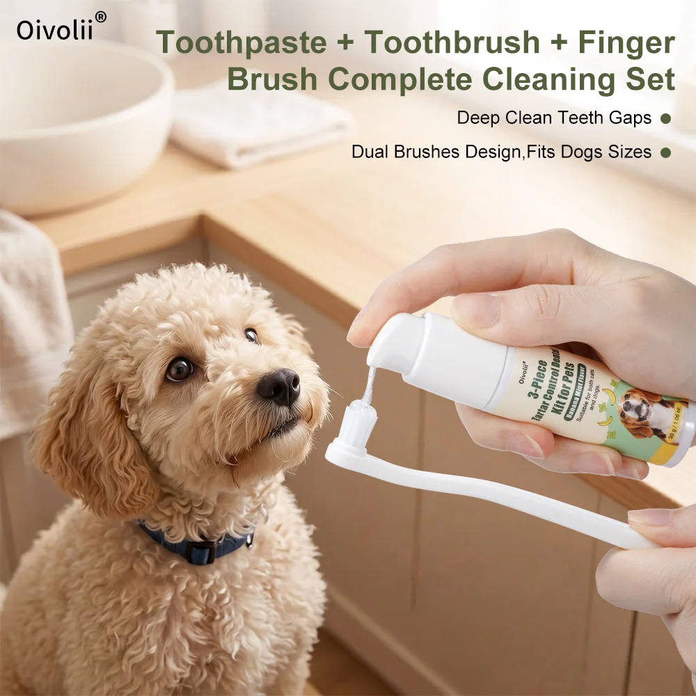 Dog Cat Toothpaste Dental Kit 3-Piece Set-Enzymatic Tartar Remover, Banana Mint, Plant-Based, Fresh Breath Oral Care