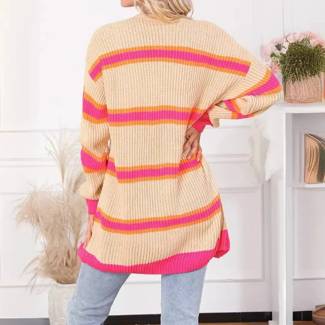 Farbblockierender Strickjackenpullover für Damen, mittellange, gestreifte einreihige Jacke für Damen