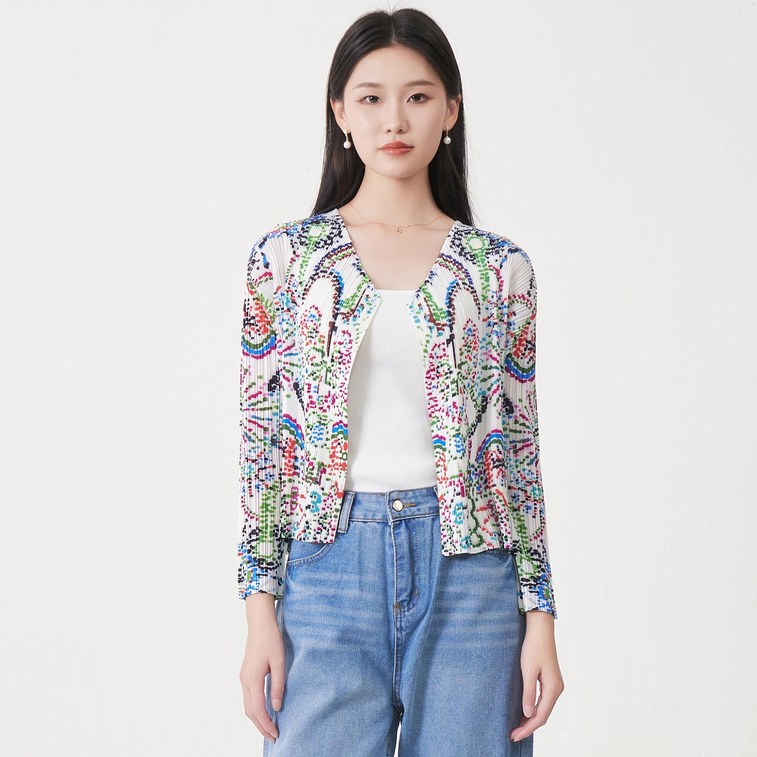 2025 New Autumn Women's Elegant Tops High Quality Pleated Printed Cardigan T-shirt Long Sleeves