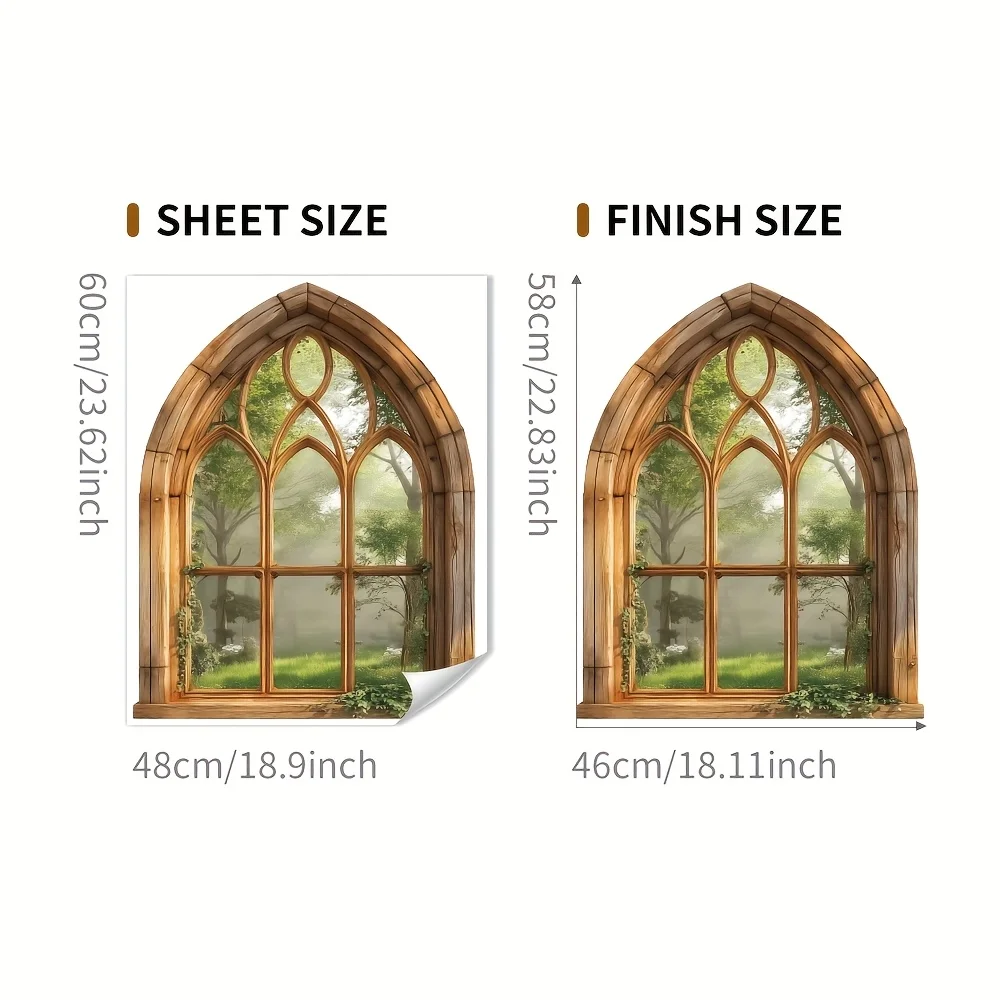 Simulation‑Style Window Wall Sticker Finished Size 58x46cm Vintage Wooden Arched‑Window Shape