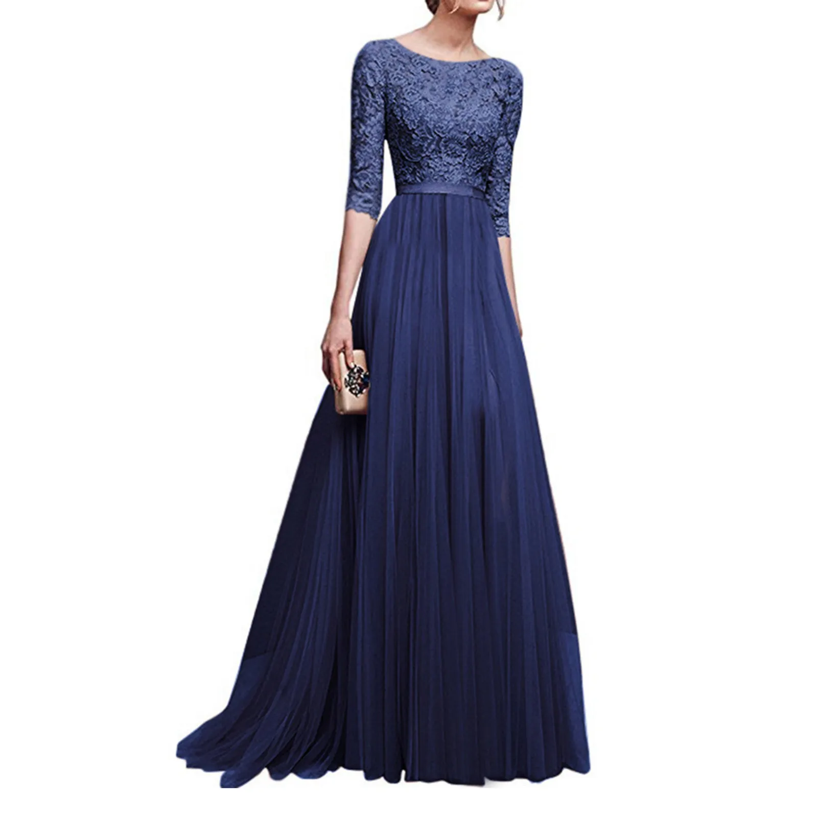 Women Prom Party Dress Round Neck Lace Flower Embroidery Half Sleeve Tight Waist Floor Length Pleated Lady Maxi Evening Dress