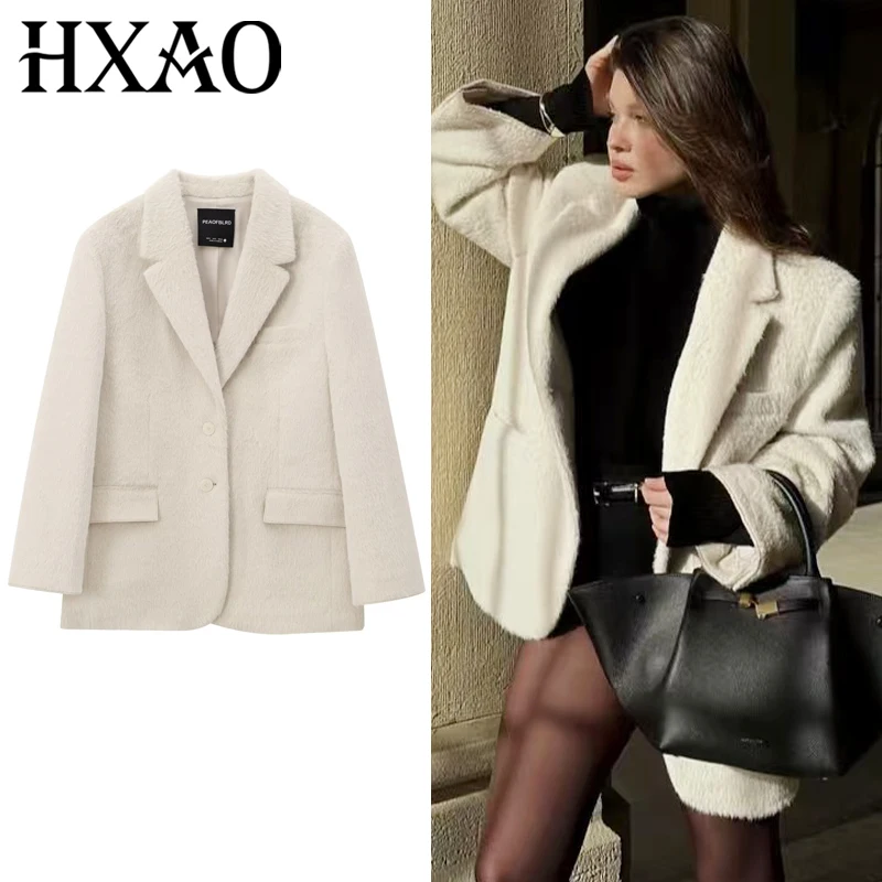 

HXAO White Faux Fur Blazers For Woman 2025 Office Wear Women Elegant Plush Long Sleeve Jackets Ladies Fashion Hairy Outerwears