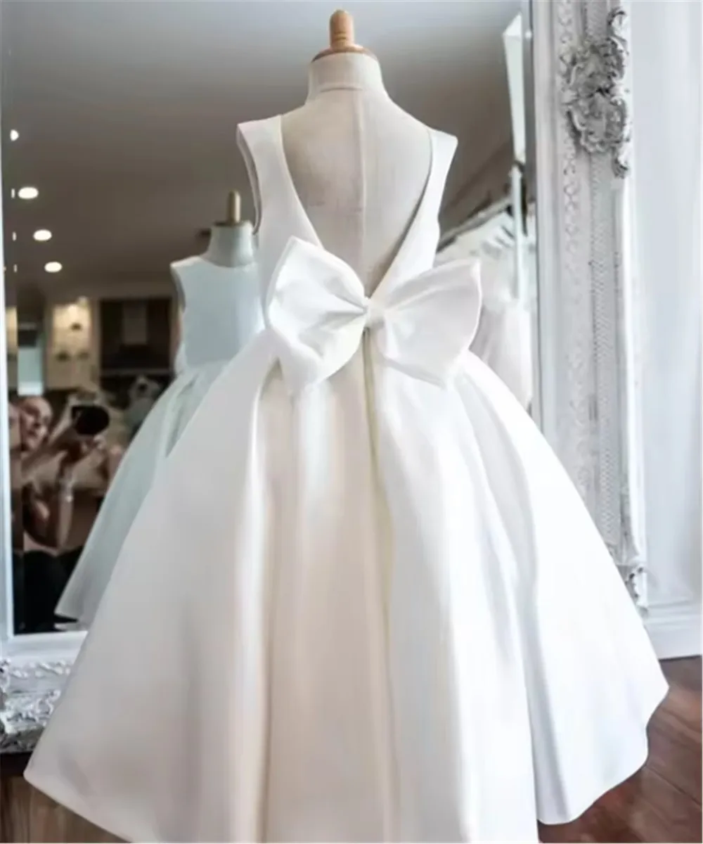 Satin Flower Girl Wedding Dress Sleeveless With Bow Kids Special Occasions Prom Dress Birthday Party Gown vestidos de comunión
