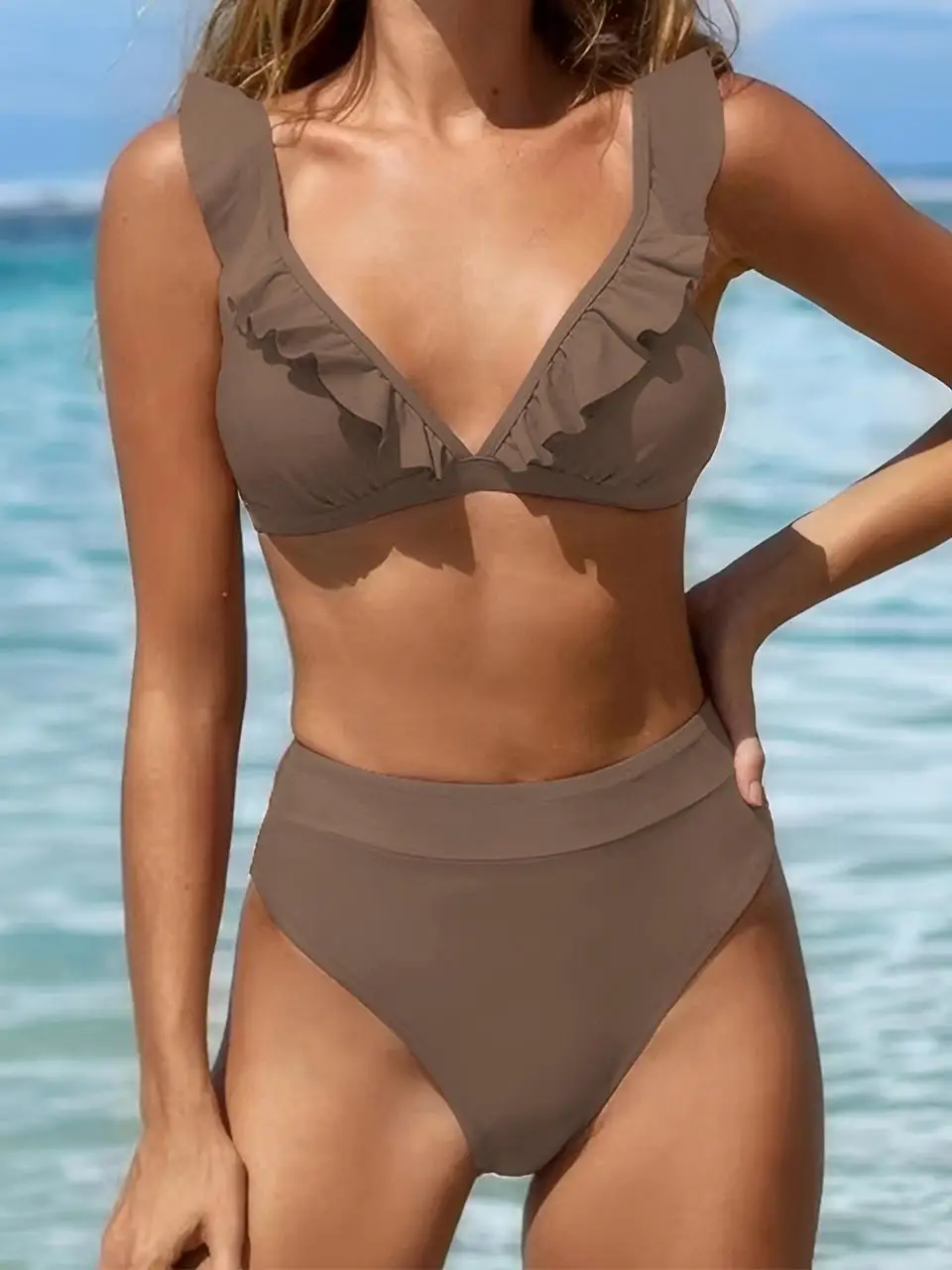 

2025 Sexy Ruffle Strappy Bikinis High Waist Swimsuit Women Solid Swimwear Female Bathers Bathing Swimming Suit Beachwear Summer