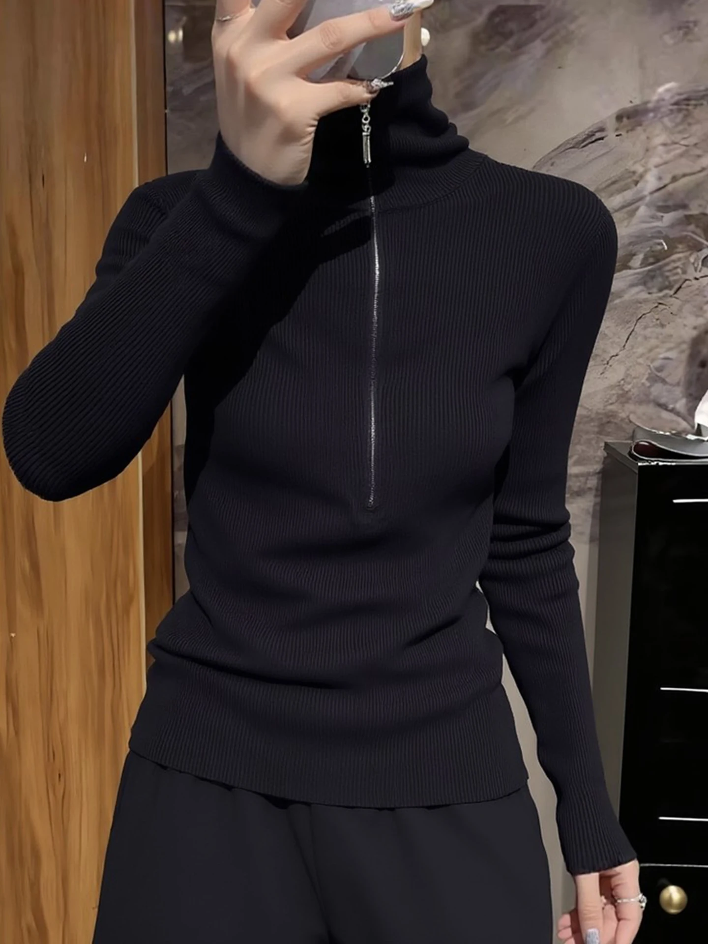 Slim Fit Knitted Sweater Half Zip Long Sleeve Comfortable Fashionable Black Women's Base Shirt Elegant Style Spring Season