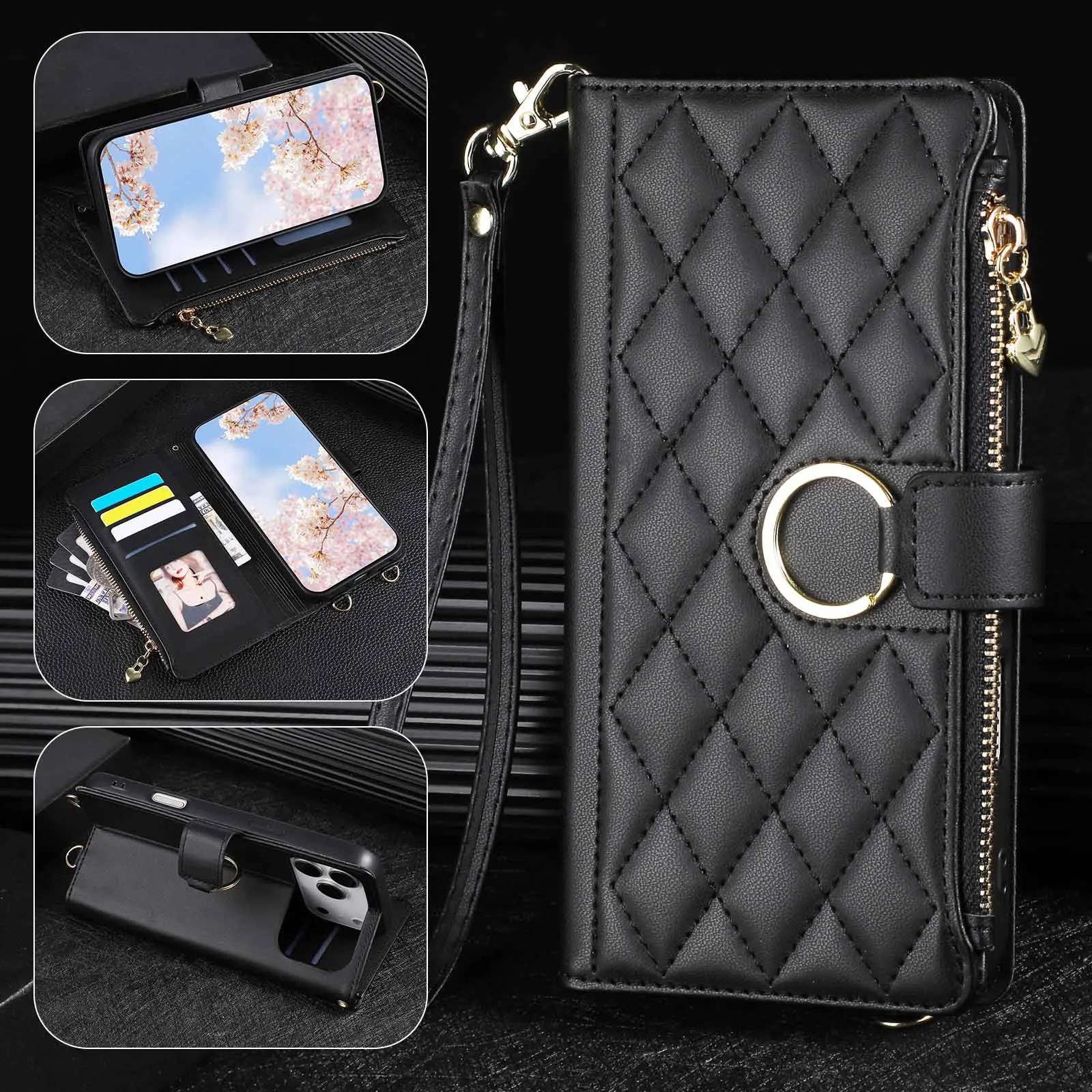 

Suitable for Samsung S26 Ultra small floral diamond pattern artificial leather case for S25 mobile phone, S24 flip cover case