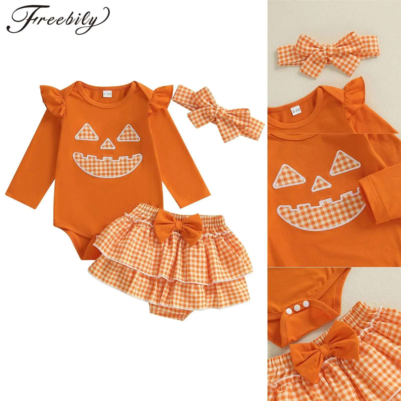 

Baby Girls Halloween Clothes Cute Pumpkin Outfits Ruffles Long Sleeves Rompers with Tiered Plaid Skirt for Party Photoshoots