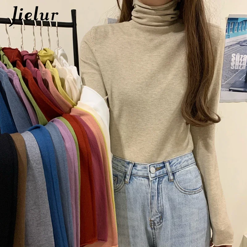 

Jielur 13 Colors Autumn Knitwear Slim Turtleneck Sweater Women Pullover Winter Basic Top Solid Color Bottoming Shirt White Navy