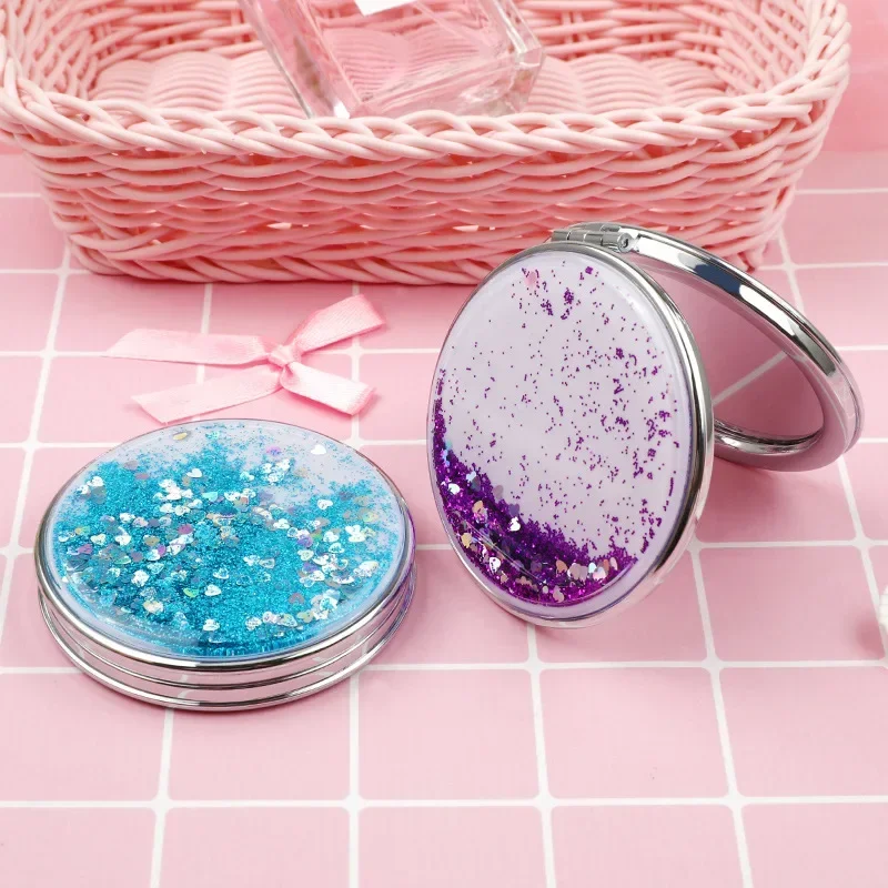 Portable Double-Sided Folding Cosmetic Mirror Female Gifts With Flowing Sparkling Sand Mini Makeup Mirror Compact Pocket Mirrors