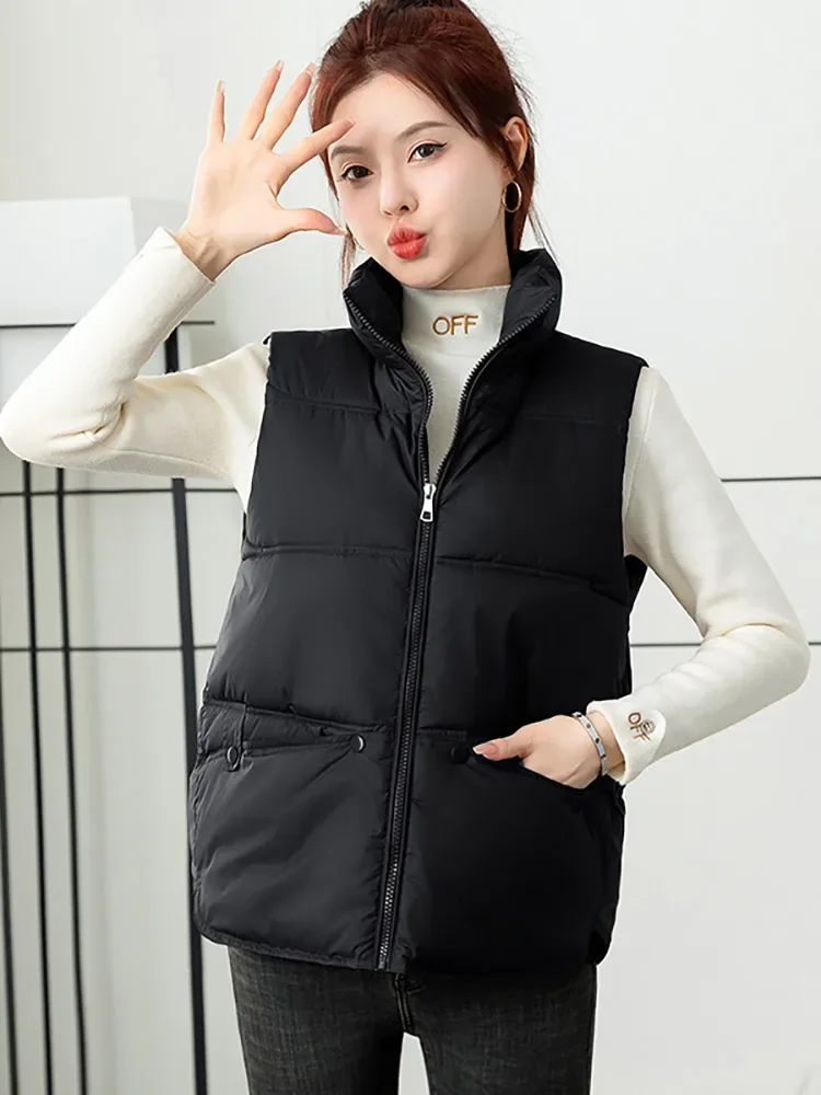 Vielleicht New Autumn Winter Short Stand Collar Casual Women's Puffer Vest Jacket Cropped Zipper Cotton Padded Winter Waistcoat