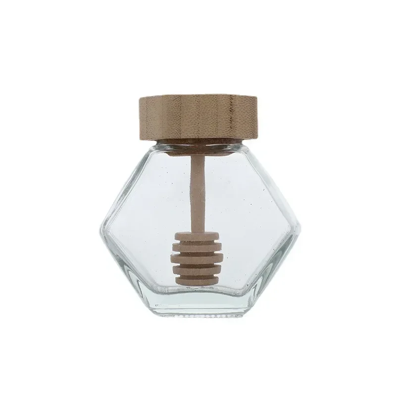 100ml/380ml Bamboo Wood Cover Hexagonal Glass Jar with Stirring Dipper Hexagon Honey Container 100ml Iron Cap Storage Bottle
