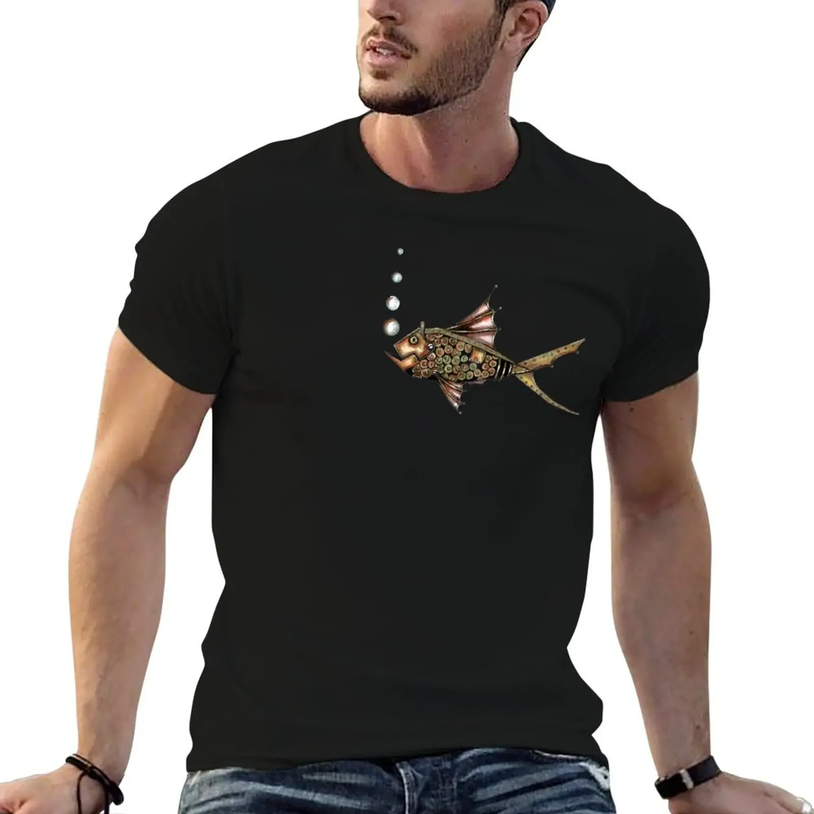 T-Shirt poisson Steampunk grandes tailles t-shirts surdimensionnés homme t-shirts noirs pour hommes