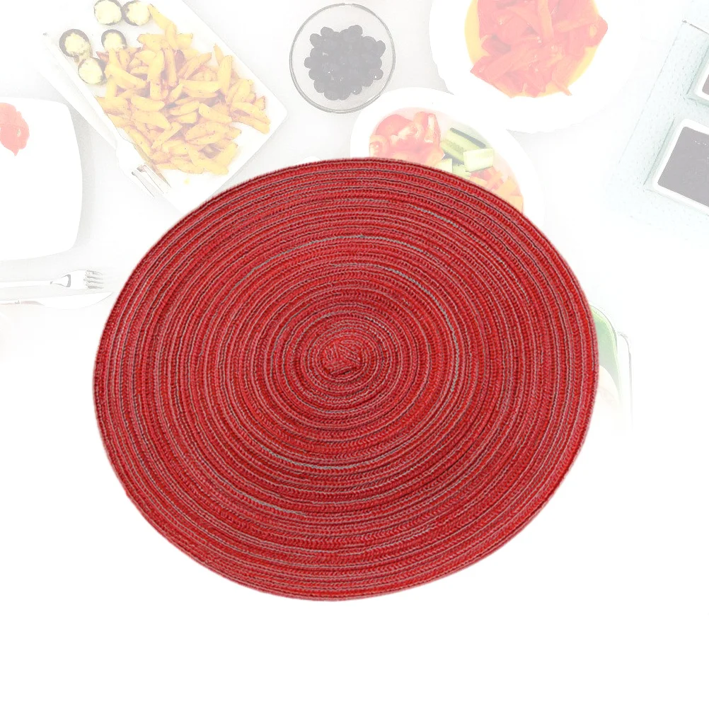 Red S Round Cotton Linen Table Mat Woven Placemat Heat Insulation Anti-Skid for Dining Kitchen Western Food Pad