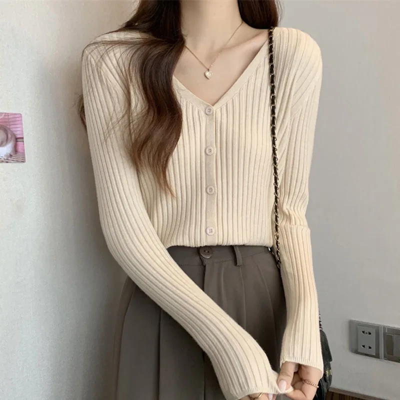 

Вязаный кардиган для женщин, модный трикотаж с длинным рукавом, V-образный вырез, черный вязаный свитер-кардиган, женские топы, женская одежда Q3016