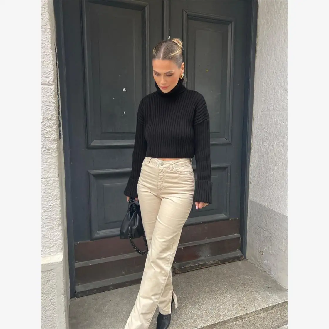 

Autumn Winter New White Faion High Collar Sweater Women's ort Long Sve Knitted Sweater Comfortable Warm Color