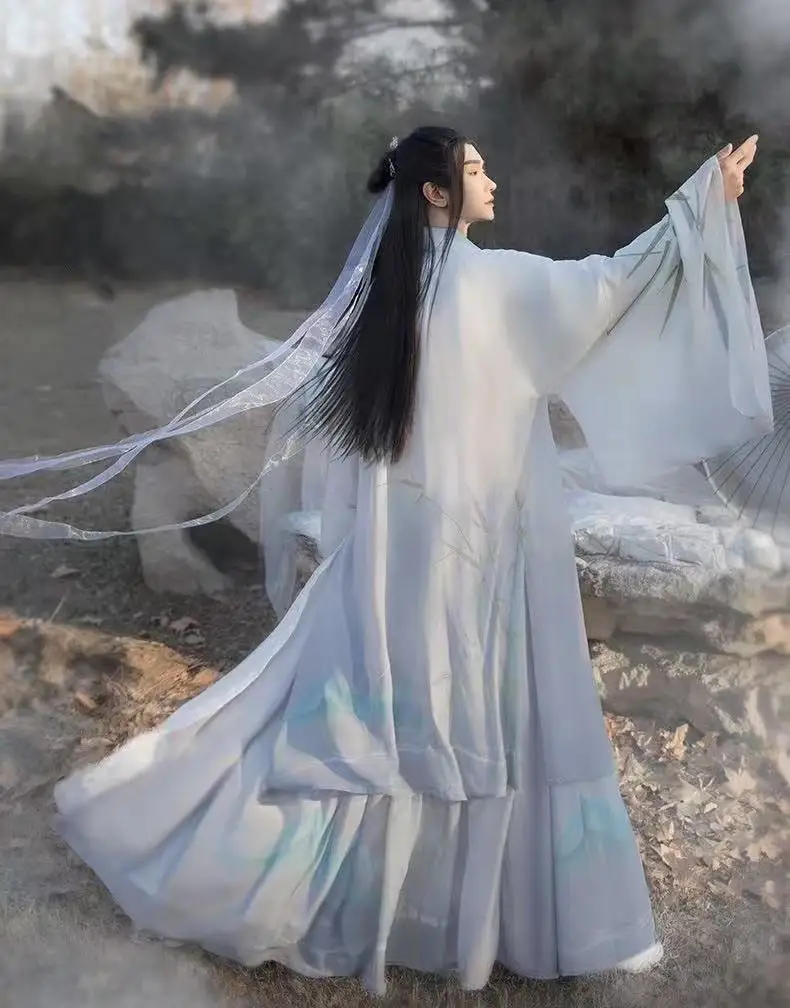 남자의 원래 요정 Hanfu 드레스 전통 Weijin 시대 크로스 칼라 의상 빈티지 영화 불멸의 코스프레 무대 의류