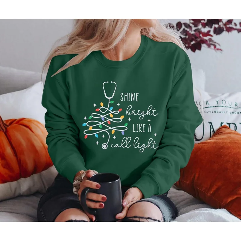 Christmas long sleeved sweatshirt shining like lightningladies' nurse's day round neck pullover