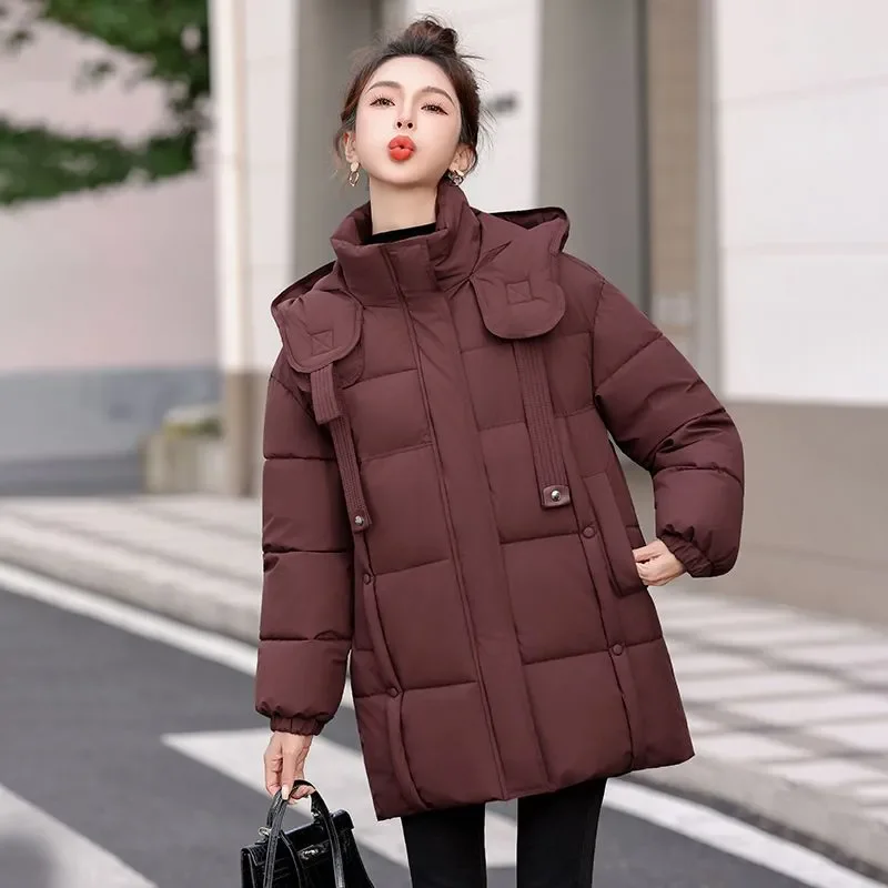 2025 가을 겨울 다운 코튼 패딩 재킷 여성용 오버코트 롱 한국식 후드 루즈 코튼 코트 신상 두꺼운 따뜻한 파카 코트