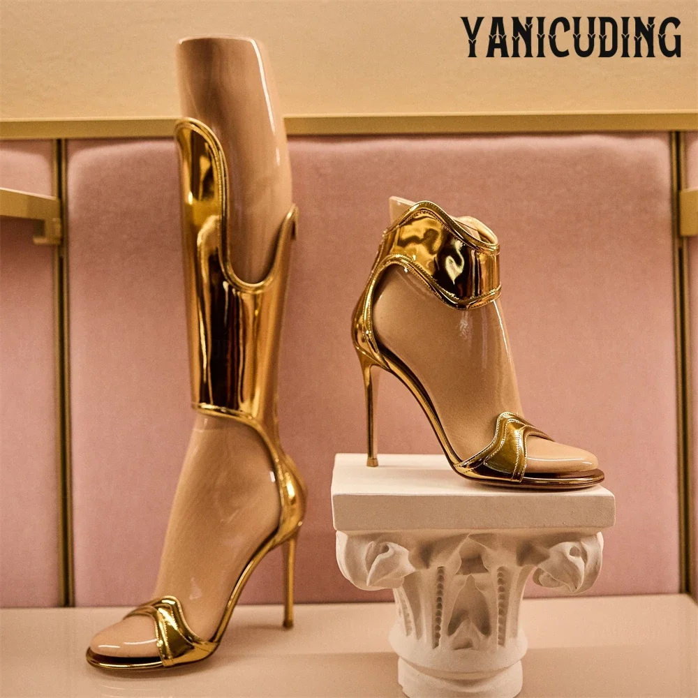 

Mirrored Finish Knee High Shaft Sandal Boots Stiletto Heel Round Open Toe Zip-Up Fastening Summer Boots for Women Custom Colour