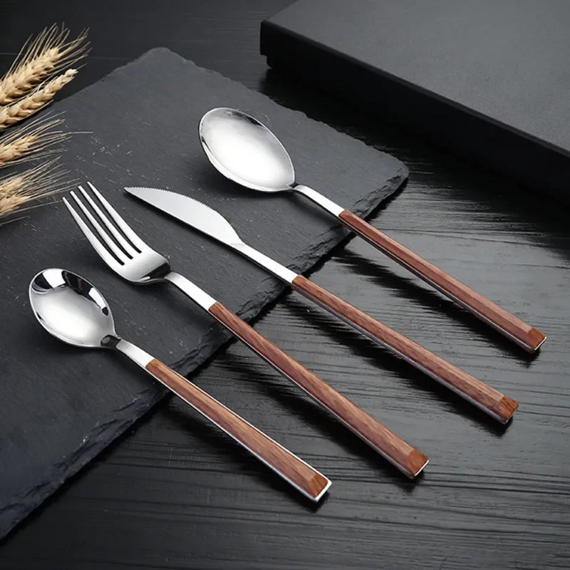 24pcs Cutlery Set Utensils Stainless Steel Fork Spoons Knife Teaspoons Kitchen Dinnerware Tableware Sets Imitation Wooden Handle