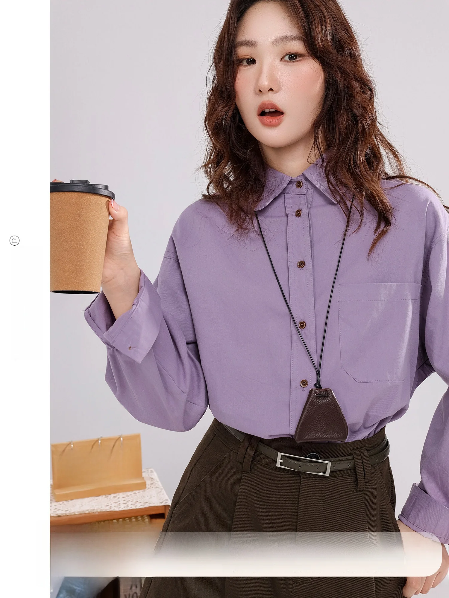 

Свободный женский топ с воротником из хлопкового полотна цвета ирисового масла, фиолетовый, скрывающий недостатки фигуры, простой, из чистого хлопка, с длинными рукавами, повседневный