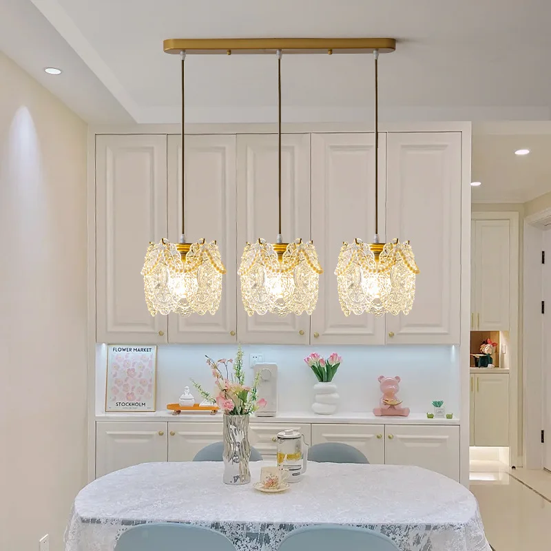 Restaurant Small Chandelier Luxury Cream Style Dining Table Bar Retro Pendant Lighting Simple Dining Room Glass Hanging Lamp