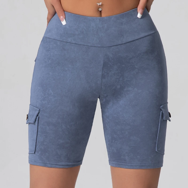 Lavado impressão bolso de trabalho shorts femininos levantamento de bunda fitness calças de 5 portas elástico fino 2025 novo 5 cores moda ciclismo shorts