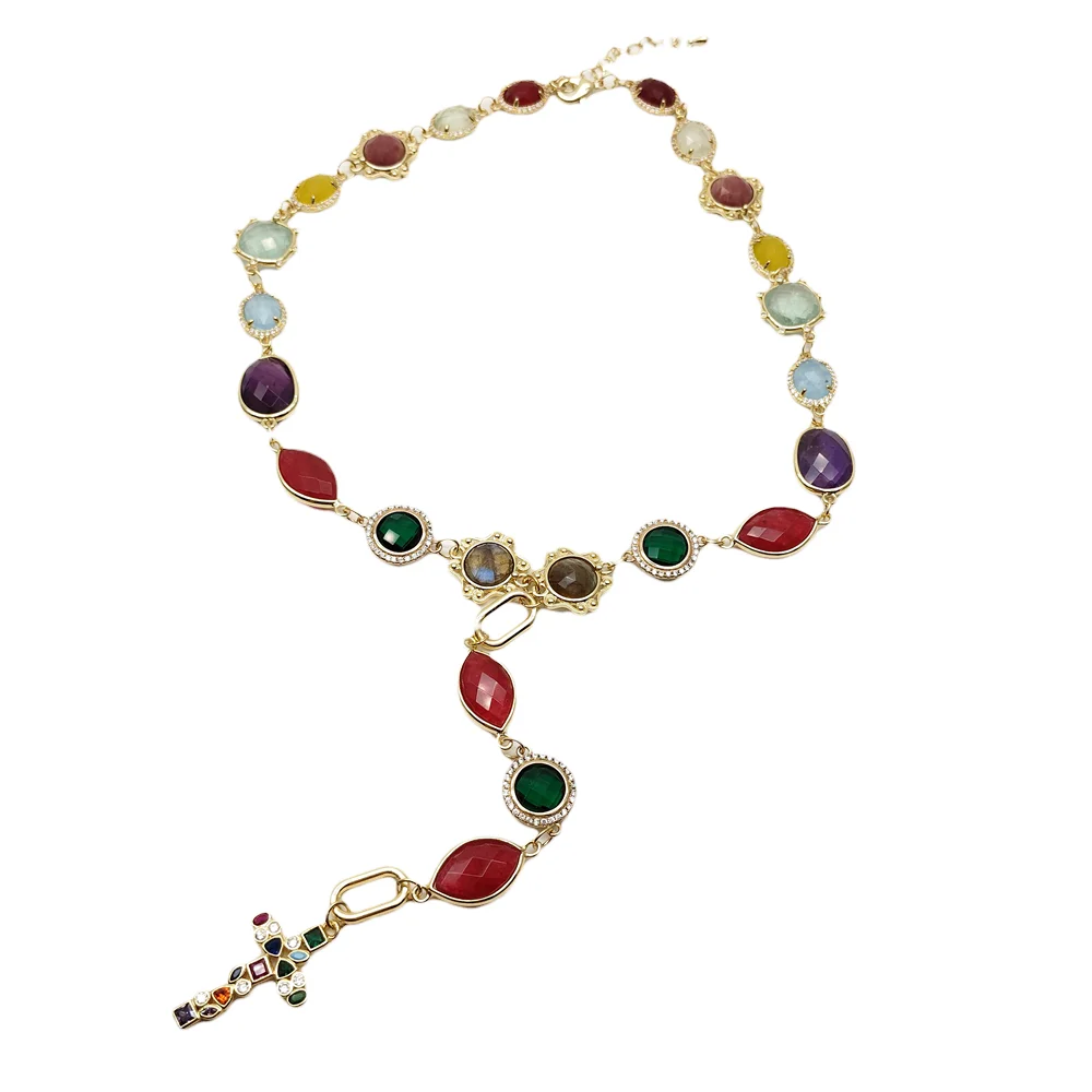 

KKGEM 18x28mm Cz Cross Pendant Natural Multi shape color quartz Jade Beads Necklaces