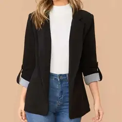 Chaqueta con Bolsillos de solapa para mujer, abrigo de traje con manga enrollada, puños de retazos a rayas, un solo botón, Color sólido