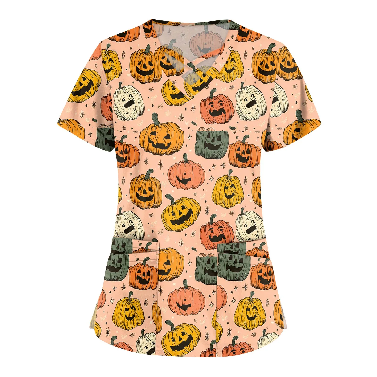 

Roupas Femininas Ropa Mujer Top Mujer ﻿Women'S Fashion V-Neck Short Sleeve Overalls Double Pocket Halloween Printed Tops Apparel