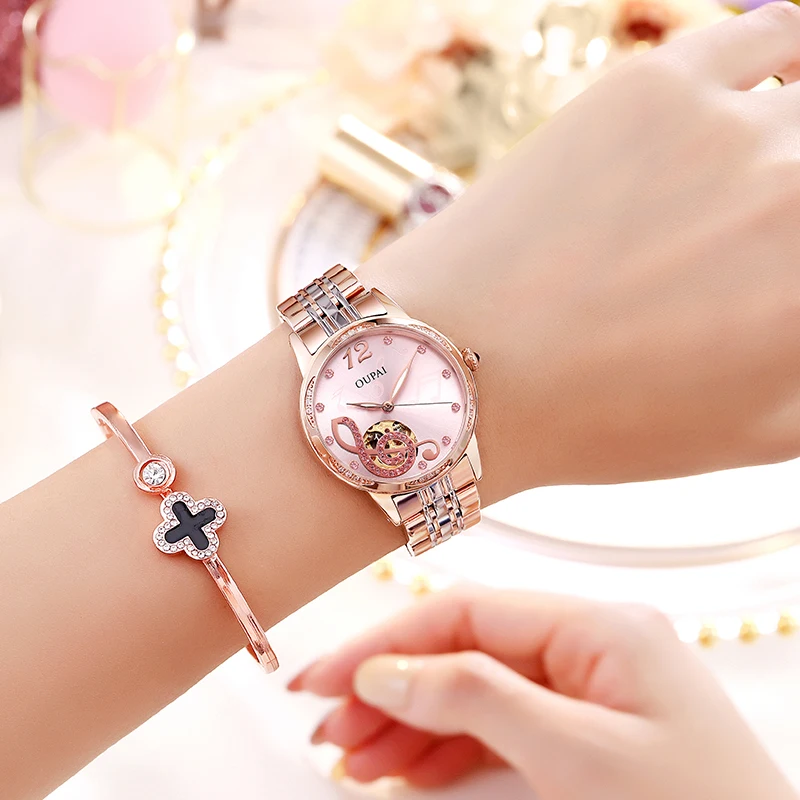 Oupai женский ремешок из нержавеющей стали с круглым циферблатом, розовое золото, светящиеся стрелки, кварцевый перемещение, модный и изысканный