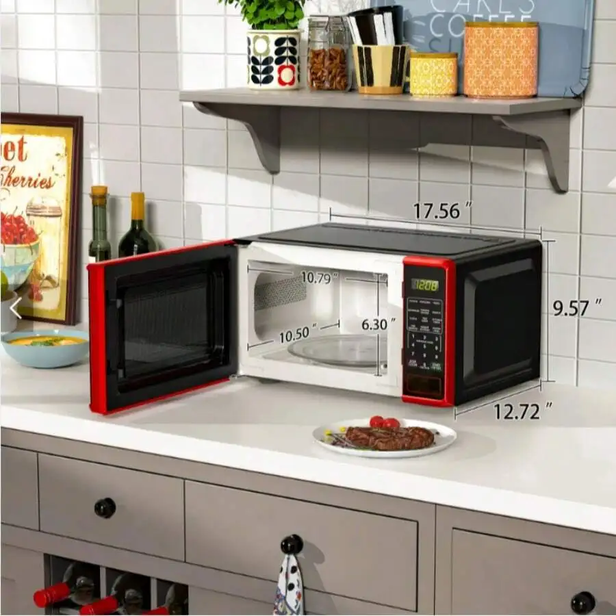 

700W 0.7 Cu Ft Compact Countertop Microwave Oven Red Small Microwave with Push-Button Door 6 Quick-Set Menus for Dorm Office