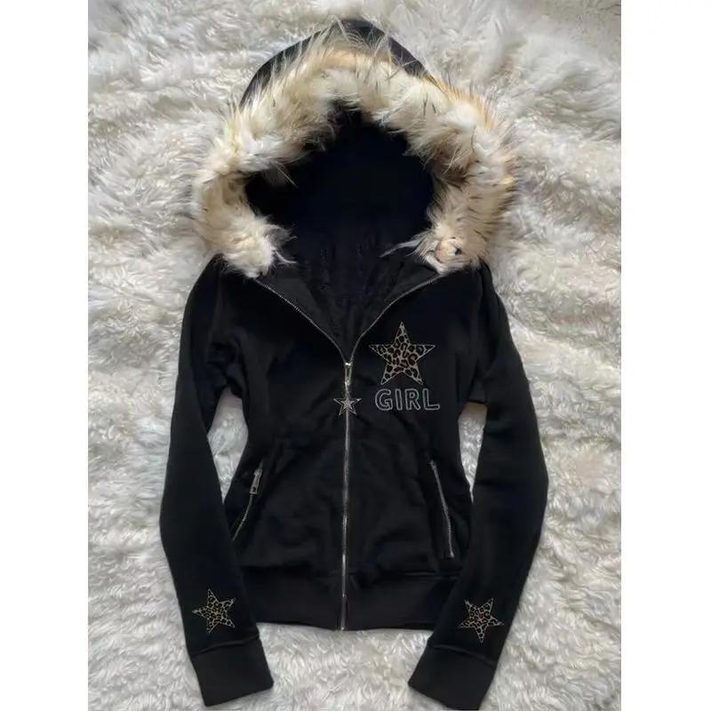

Y2K Black Fur Collar Zipper Sweatshirt Hoodie Pop Women Sweatshirt Harajuku Goth Letter Graphic Print Slim Coat Winter Clothes