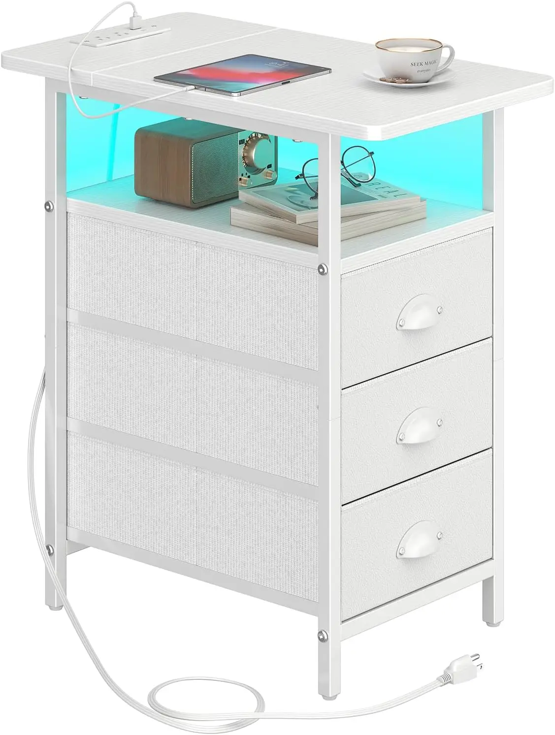 

End Table with Charging Station,LED Side Tables with USB Ports and Outlets,Narrow Nightstands Bedside Tables with 3 Drawers P