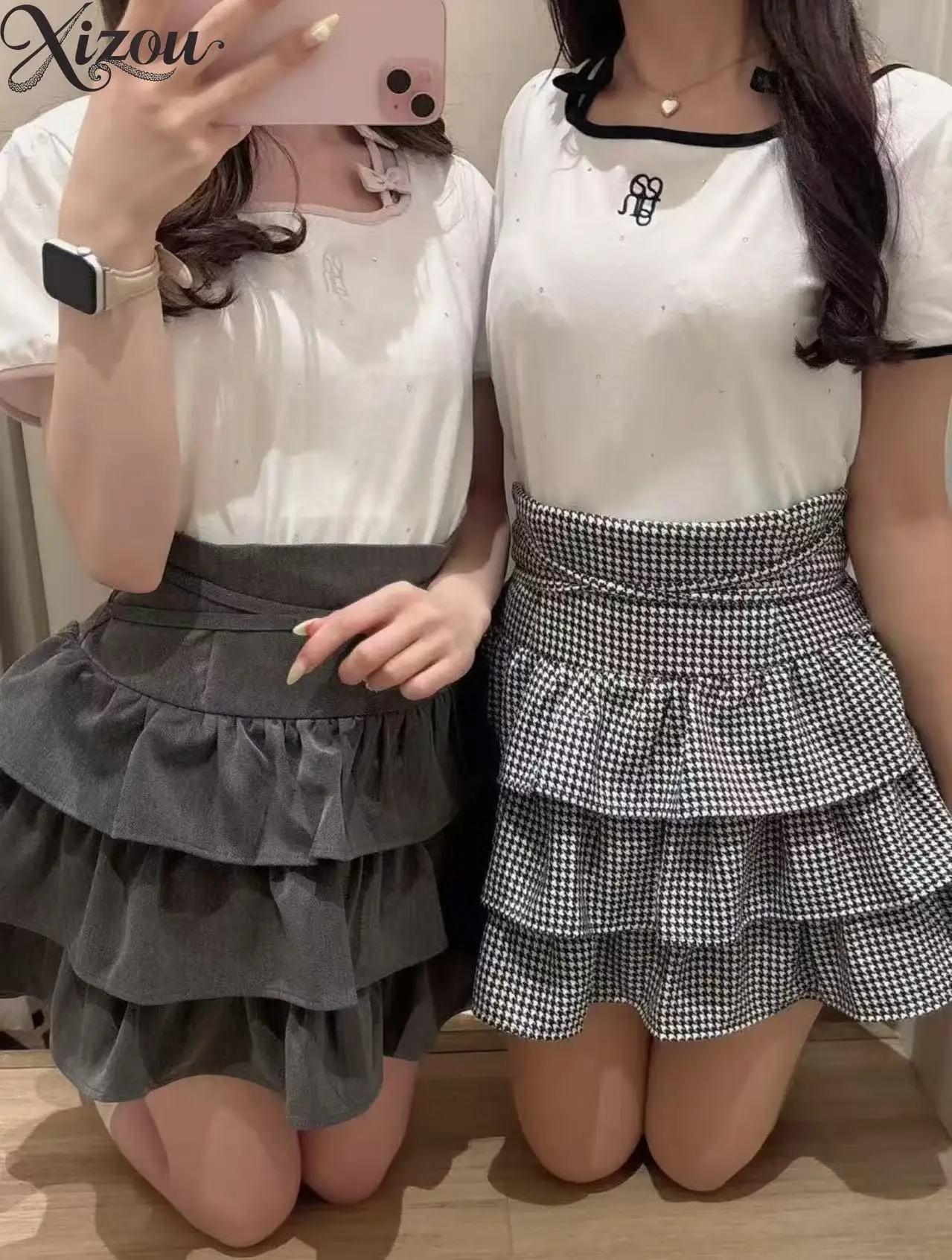 Women Gray Plaid Polka Dot Crisscross High Waist Tiered Ruffle A-Line Cake Mini Skirt Sweet Preppy Casual Short Skirt Summer