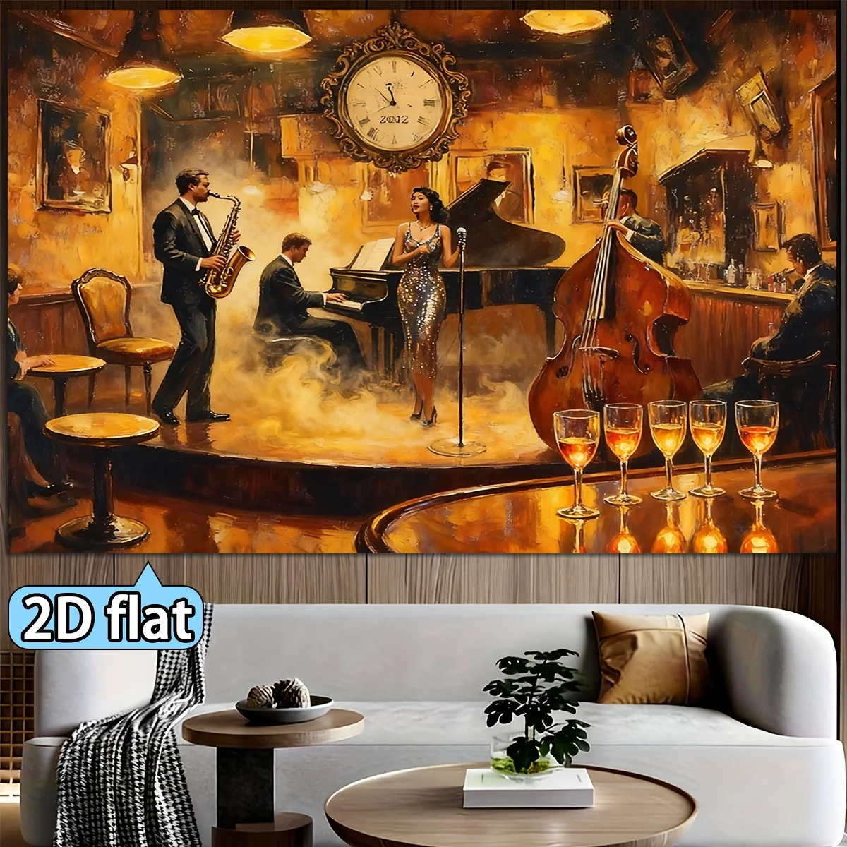 Jazz Band Saxophone Piano Singer Bar Tapestry 2D Flat Vintage Music Art Wall Hanging for Living Room Bedroom Retro Decor Fabric